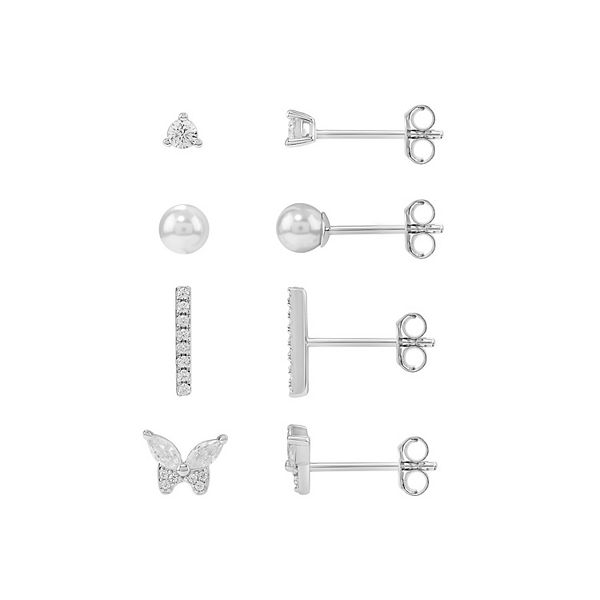 PRIMROSE Sterling Silver Cubic Zirconia & Simulated Pearl Studs, Bar ...
