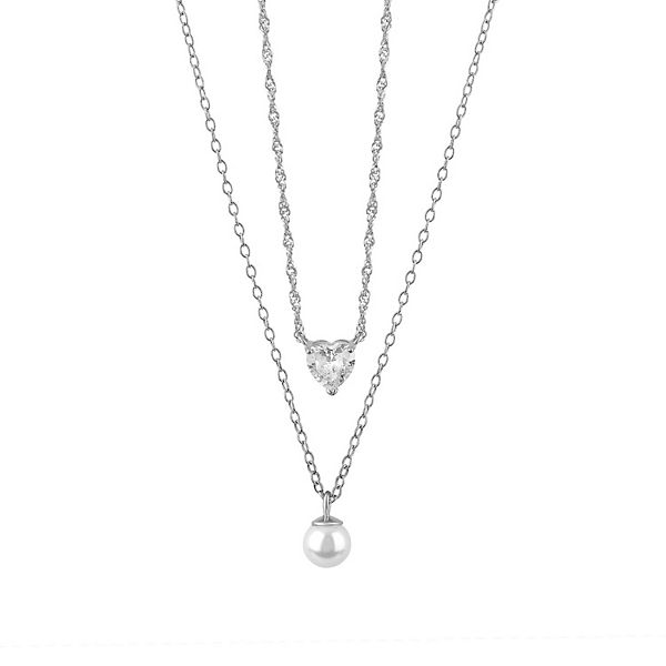 PRIMROSE Sterling Silver Cubic Zirconia & Simulated Pearl Double-Layer ...