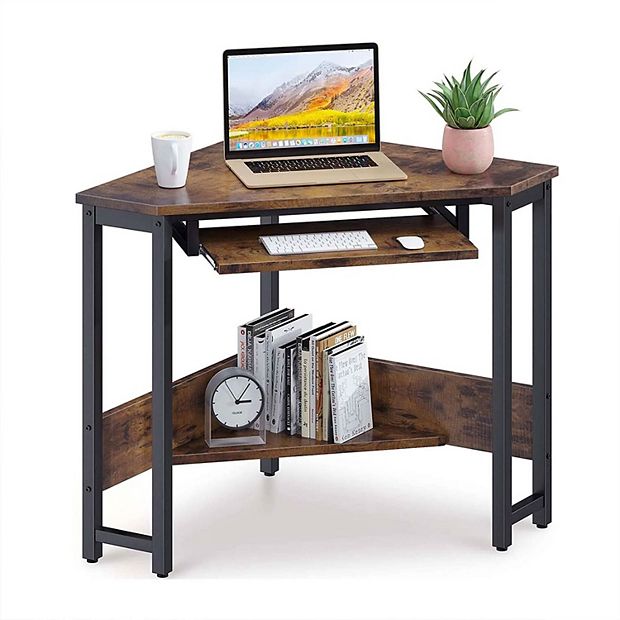 Triangle Corner Computer Desk with Keyboard Tray - Rustic Brown