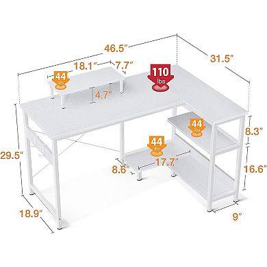 ODK 47 Inch Compact L Shaped Desk with Storage Shelves and Monitor Stand, White