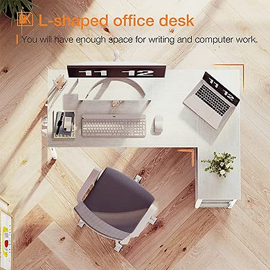 ODK 47 Inch Compact L Shaped Desk with Storage Shelves and Monitor Stand, White