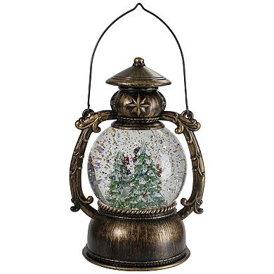 8-Inch Black with Brushed Gold LED Snowman and Christmas Trees Snow Globe Lantern