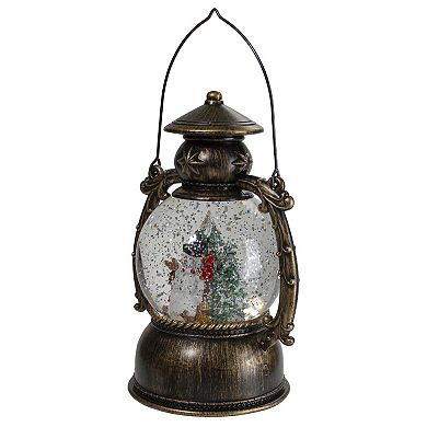 8-Inch Black with Brushed Gold LED Snowman and Christmas Trees Snow Globe Lantern