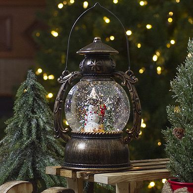 8-Inch Black with Brushed Gold LED Snowman and Christmas Trees Snow Globe Lantern