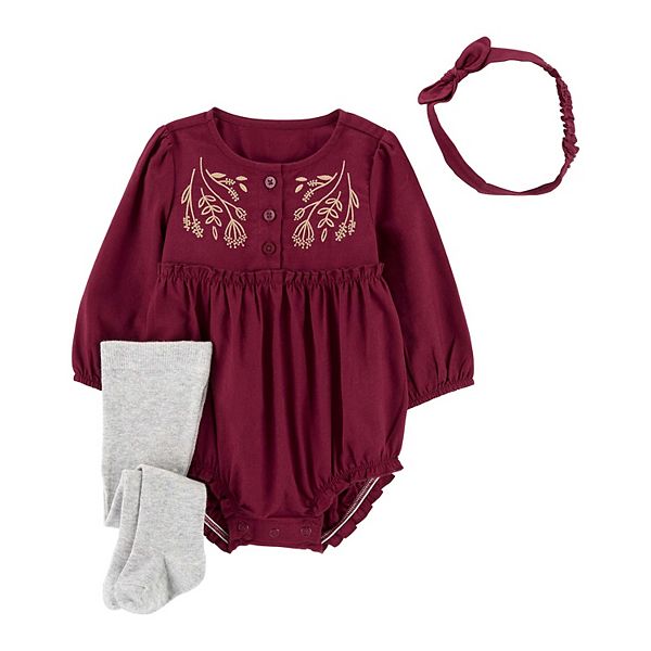 Baby Girl Carter's 3Piece Embroidered Long Sleeve Bodysuit, Headband