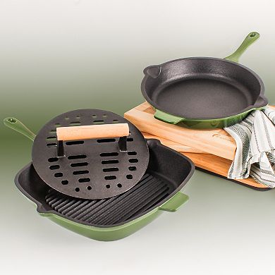 BergHOFF Neo 3-pc. Cast-Iron Frypan, Grill Pan & Slotted Steak Press Set