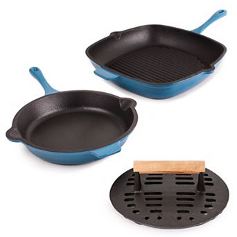 BergHOFF Neo 3 pc Cast-Iron Frypan, Grill Pan & Slotted Steak Press Set