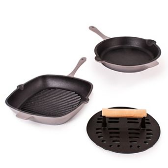 BergHOFF Neo 3 pc Cast-Iron Frypan, Grill Pan & Slotted Steak Press Set