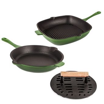 BergHOFF Neo 3 pc Cast-Iron Frypan, Grill Pan & Slotted Steak Press Set