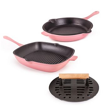 BergHOFF Neo 3 pc Cast-Iron Frypan, Grill Pan & Slotted Steak Press Set