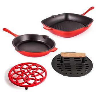 BergHOFF Neo Cast-Iron Frypan, Grill Pan, Steak Press & Trivet Set