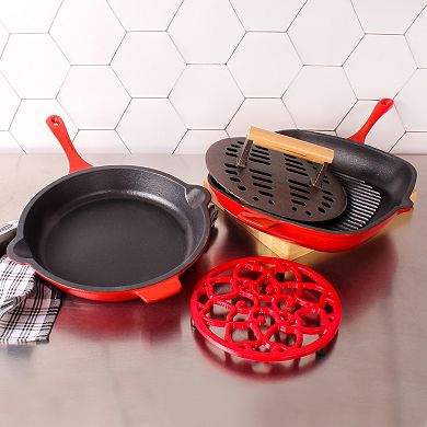 BergHOFF Neo Cast-Iron Frypan, Grill Pan, Steak Press & Trivet Set