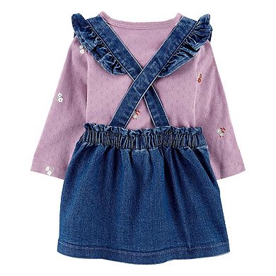 Baby Girl Carter's 3-Piece Floral Pointelle Shirt, Denim Jumper, & Tights Set