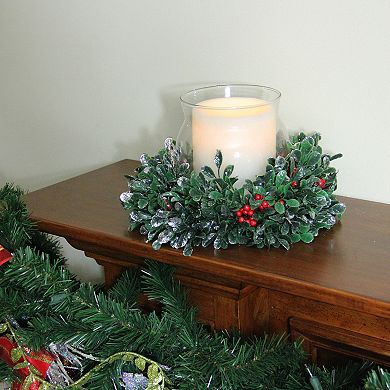 6" Clear and Green Boxwood with Berry Tipped Christmas Hurricane Pillar Candle Holder