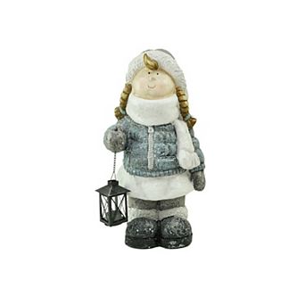 18" Snowy Woodlands Little Girl Holding Tea Light Lantern Christmas Figurine