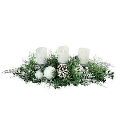 30" Green Pine and Needle Triple Candle Holder with Pinecones and Christmas Ornaments