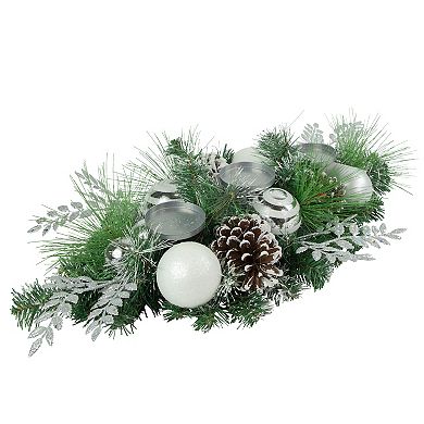 30" Green Pine and Needle Triple Candle Holder with Pinecones and Christmas Ornaments