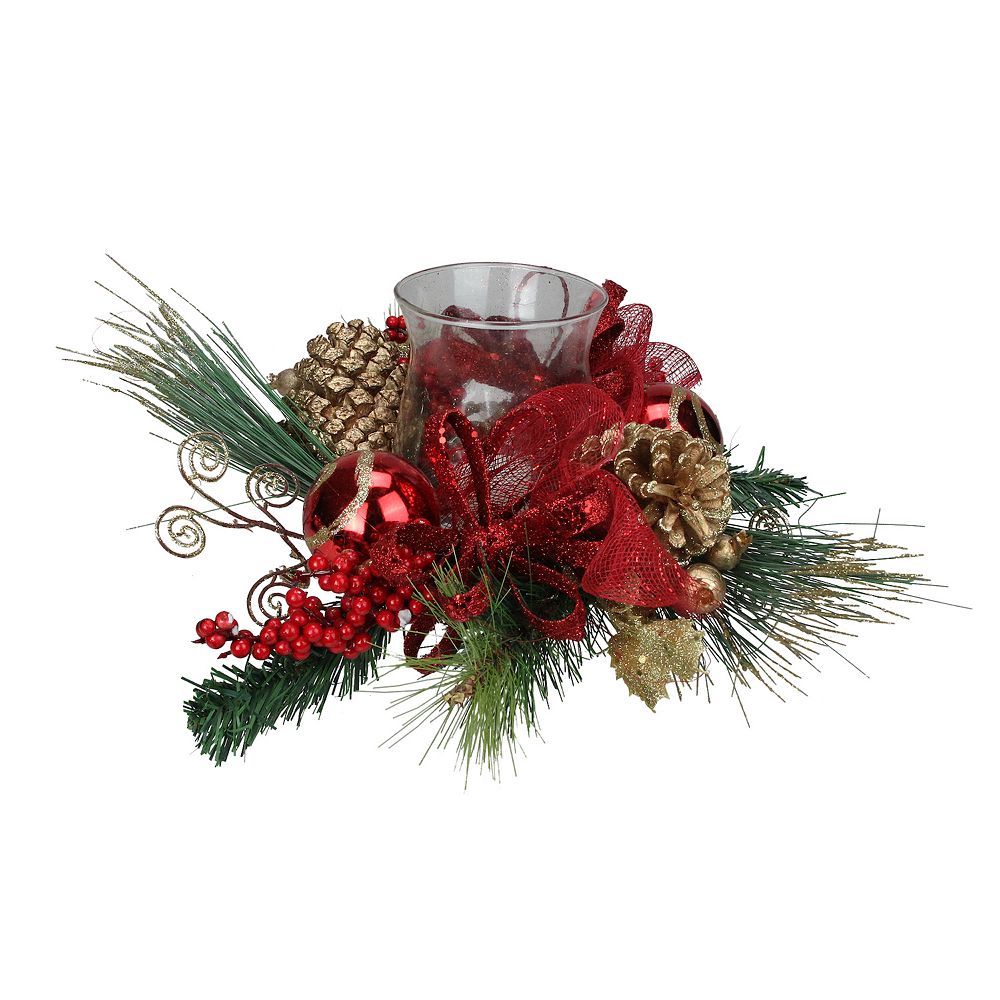 Mixed Winter Pine Cone Candle Holder with Glass Hurricane 18