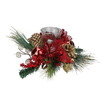 18" Pine Sprigs and Glittered Berries Christmas Hurricane Candle Holder