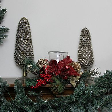 18" Pine Sprigs and Glittered Berries Christmas Hurricane Candle Holder