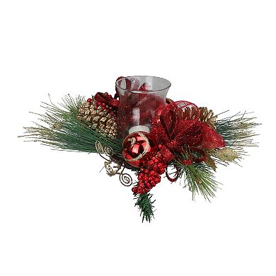 18" Pine Sprigs and Glittered Berries Christmas Hurricane Candle Holder