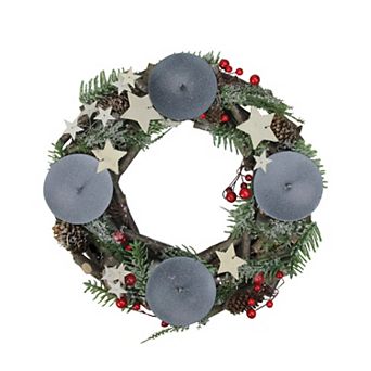 12" Frosted Pine Cones Berries with Stars Christmas Votive Candle Holder