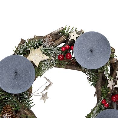 12" Frosted Pine Cones Berries with Stars Christmas Votive Candle Holder