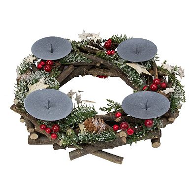 12" Frosted Pine Cones Berries with Stars Christmas Votive Candle Holder