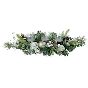 32" Green Frosted Pine Triple Candle Holder with Christmas Ornaments and Pinecones