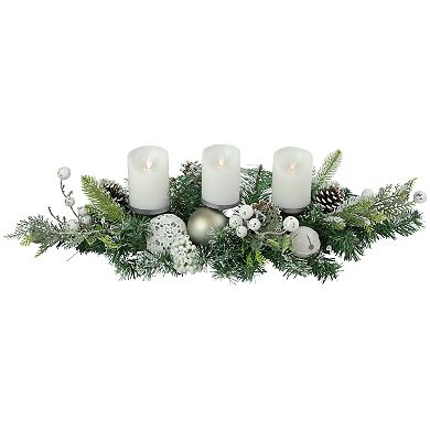 32" Green Frosted Pine Triple Candle Holder with Christmas Ornaments and Pinecones
