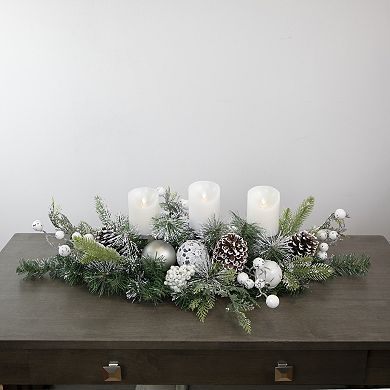 32" Green Frosted Pine Triple Candle Holder with Christmas Ornaments and Pinecones
