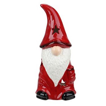 9.75 Red Ceramic Christmas Star Gnome Tealight Candle Holder