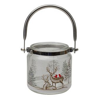 4" Hand-Painted Pine Trees and Deer Flameless Glass Christmas Candle Holder