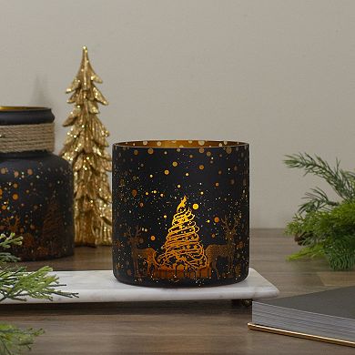 6" Black and Gold Deer and Pine Trees Flameless Glass Candle Holder