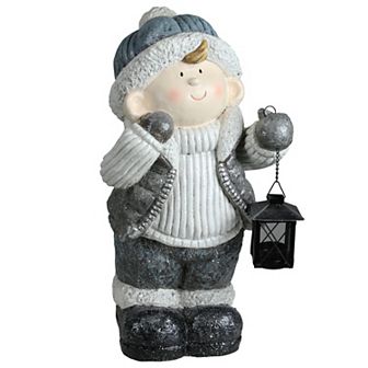 18.5" White and Gray Little Boy Holding Tea Light Lantern Christmas Tabletop Figure