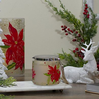 4" Hand-Painted Red Poinsettias and Gold Flameless Glass Christmas Candle Holder