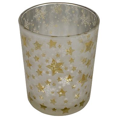 5" Matte Silver and Gold Stars and Snowflakes Flameless Glass Candle Holder