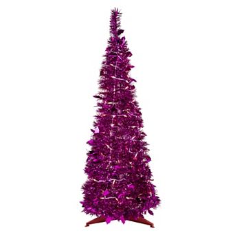 4' Pre-Lit Pink Tinsel Pop-Up Artificial Christmas Tree Clear Lights