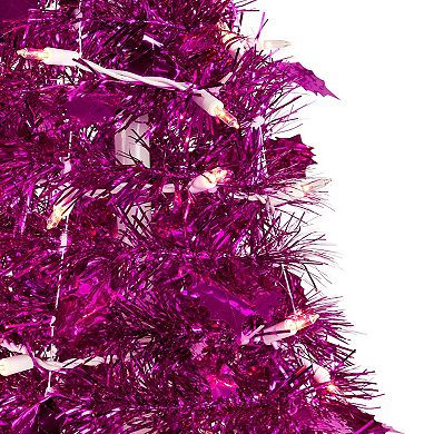 4' Pre-Lit Pink Tinsel Pop-Up Artificial Christmas Tree  Clear Lights