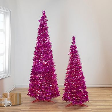 4' Pre-Lit Pink Tinsel Pop-Up Artificial Christmas Tree  Clear Lights