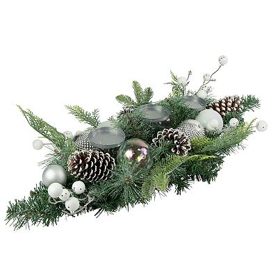 32" Green Pine Triple Candle Holder with Berries and Iridescent Christmas Ornaments