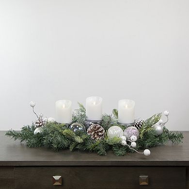 32" Green Pine Triple Candle Holder with Berries and Iridescent Christmas Ornaments