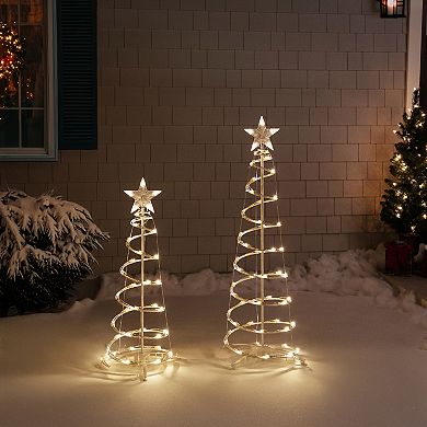 Set of 2 LED Lighted Warm White Outdoor Spiral Christmas Cone Trees 3' 4'