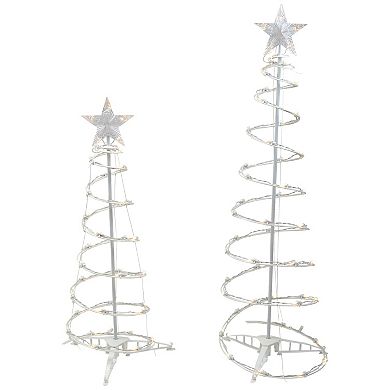 Set of 2 LED Lighted Warm White Outdoor Spiral Christmas Cone Trees 3' 4'