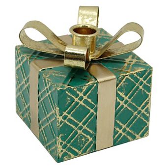 4.5" Green Metal Gift Box Christmas Taper Candle Holder
