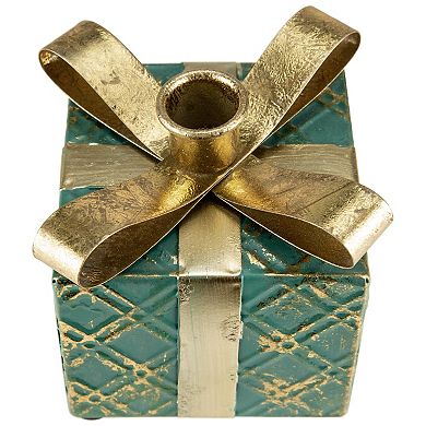 4.5" Green Metal Gift Box Christmas Taper Candle Holder