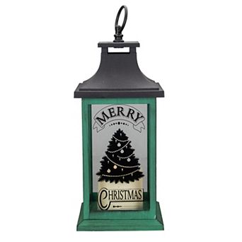 12" Green and Black LED Candle With Christmas Tree Tabletop Lantern