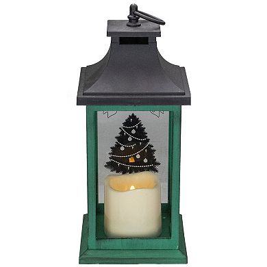 12" Green and Black LED Candle With Christmas Tree Tabletop Lantern