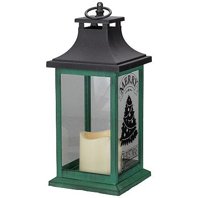 12" Green and Black LED Candle With Christmas Tree Tabletop Lantern