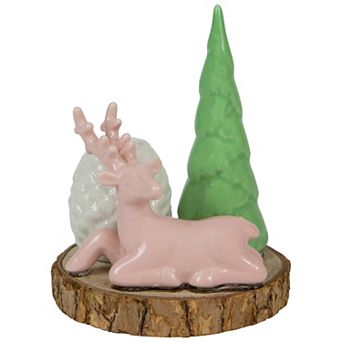 6" Pink Reindeer with Tree and Pine Cone Christmas Taper Candle Holder
